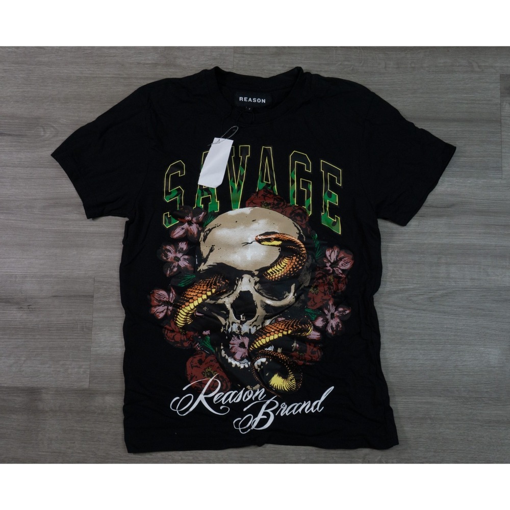 New Reason Brand Savage Skull Cobra Mens Small Black Cotton Graphic Crew T-Shirt